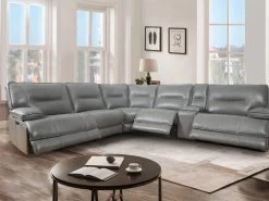 Volos Grey Leather Power Recliner Sectional